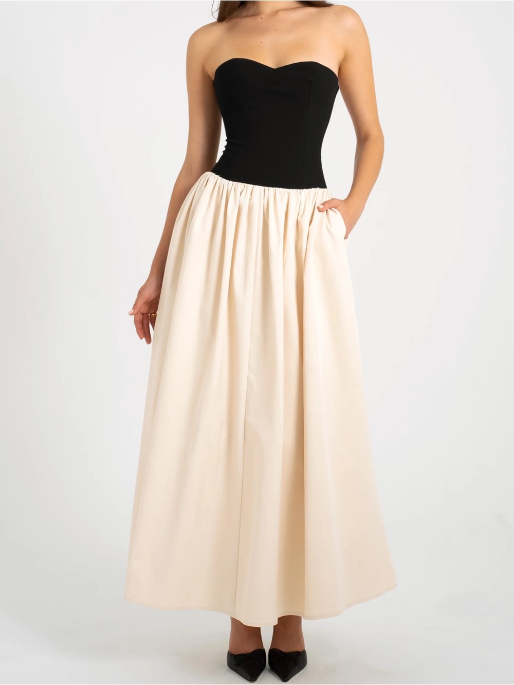 Strapless Cream Maxi Dress with Black Bodice